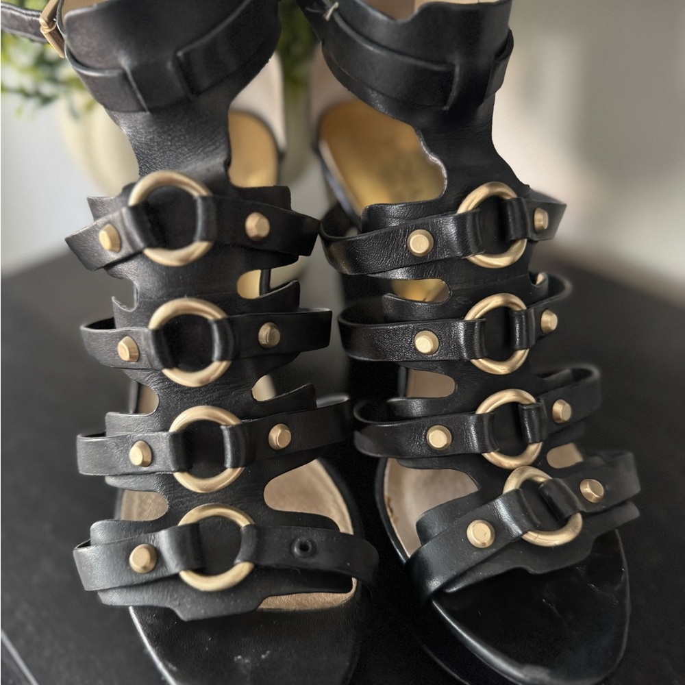Michael Kors Black Gladiator Wedge Sandals with Gold Accents (Size 9) - Picture 1 of 3
